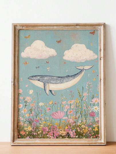 1pc Canvas Wall Art - Baby Goods - Dreamy Whale Art Print, Enchanted Ocean Wall Decoration, Floral Whale Illustration, Children's Room Art Print, Nature-Inspired Art _Framed Nursery Wall Art