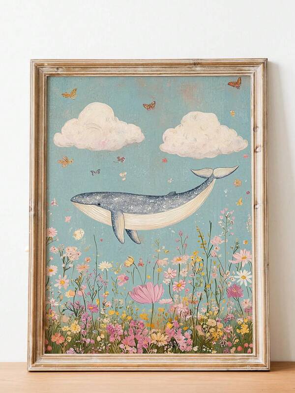 1pc Canvas Wall Art - Baby Goods - Dreamy Whale Art Print, Captivating Ocean Wall Decor, Floral Whale Illustration, Nursery Room Art Print, Nature Inspired Art_Framed Nursery Wall Art