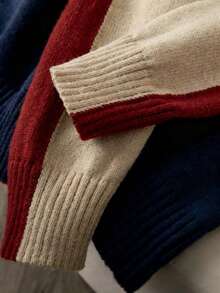 Suéter de cuello redondo con bloques de color de moda para mujer, jersey de punto acanalado de poliéster a rayas versátil y casual, nueva llegada de otoño/invierno - Burdeos - Ver 6