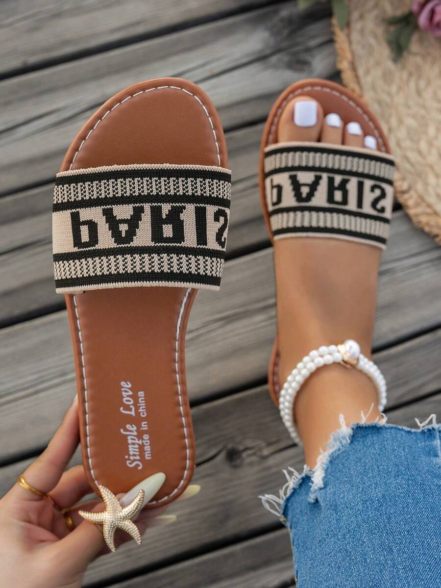 女士新款凉鞋，圆头平底时尚拖鞋，可爱编织心形沙滩鞋，适合外出、旅行、聚会和居家穿着 - 黑色 - 查看 1
