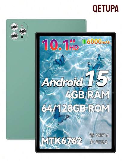 Qetupa 10.1英寸安卓15平板电脑，4GB RAM + 64GB ROM，MTK 6762八核1.8GHz处理器，高清(1280x800) IPS触摸屏，蓝牙5.2和802.11ac WiFi 5，GPS，500万像素前置摄像头和1300万像素后置摄像头，6000mAh大容量电池，不支持SIM卡，适合儿童/成人的圣诞礼物（不含适配器）
