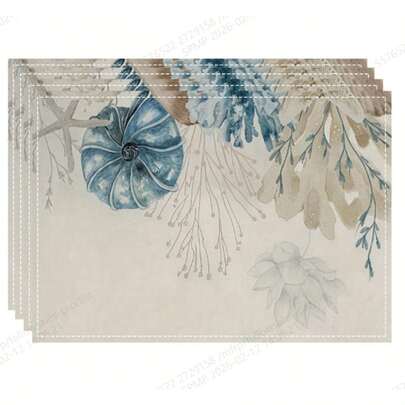 4pcs Seashell & Seaweed Placemats, Washable, Suitable For Holiday Parties, Home Decor, Kitchen Tabletop, Rectangular Dining Room, Make Your Dining Room And Kitchen More Beautiful, Birthday And Housewarming Gift For Family And Friends