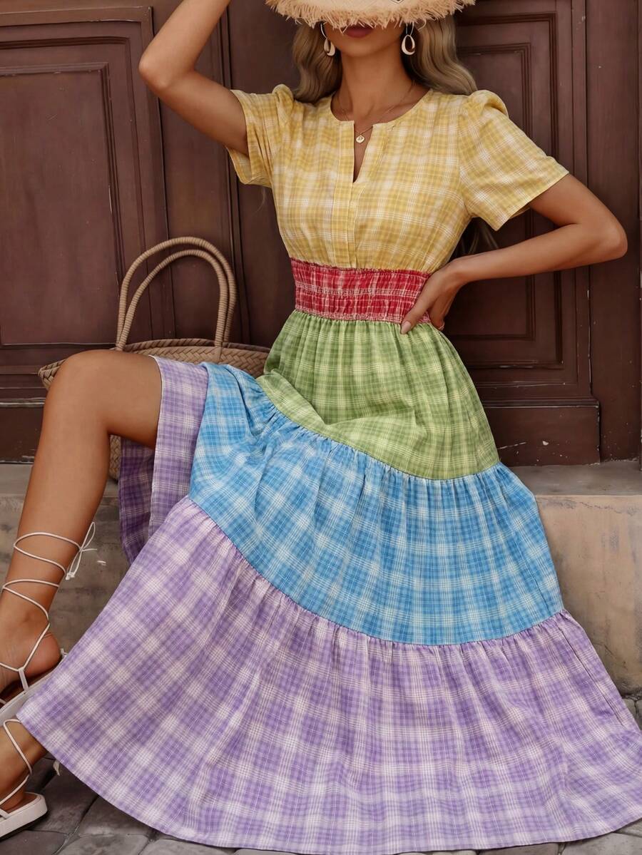 Women's Spring/Summer Plaid Patchwork Contrast Color Casual Vacation Flowy Multi-Layer Skirt With Pockets - Pale Yellow - View 1