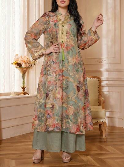 Solessence 女士缺口领花卉印花，随机印花，二合一，休闲长袖阿拉伯风格连衣裙，多色，朴素的卡夫坦