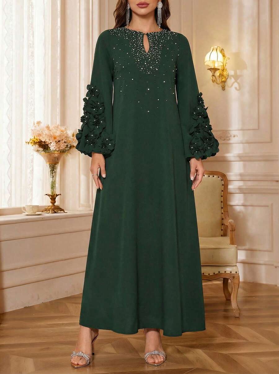 Solessence Women's Handmade 3D Floral Elegant Front Placket Beaded Formal Dress,Modest