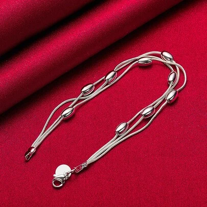 925 Sterling Silver Plated Three Snake Chain Smooth Beads Bean Bracelet For Women Wedding Engagement Party Fashion Jewelry