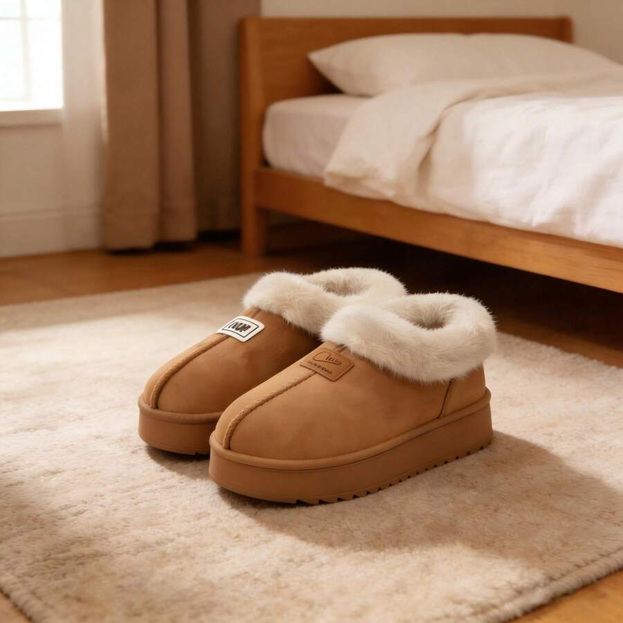 Botas de nieve para mujer para otoño/invierno, con un diseño en color liso y detalles en forma de letras. Cálidas y minimalistas, con una suela gruesa y antideslizante. Disponibles en blanco, negro y marrón, aptas tanto para hombre como para mujer. - Marrón - Ver 1