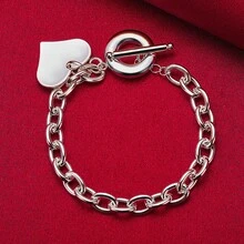 925 Sterling Silver Plated Heart Pendant Bracelet OT Buckle For Woman Charm Wedding Engagement Fashion Party Jewelry - Silver - View 2