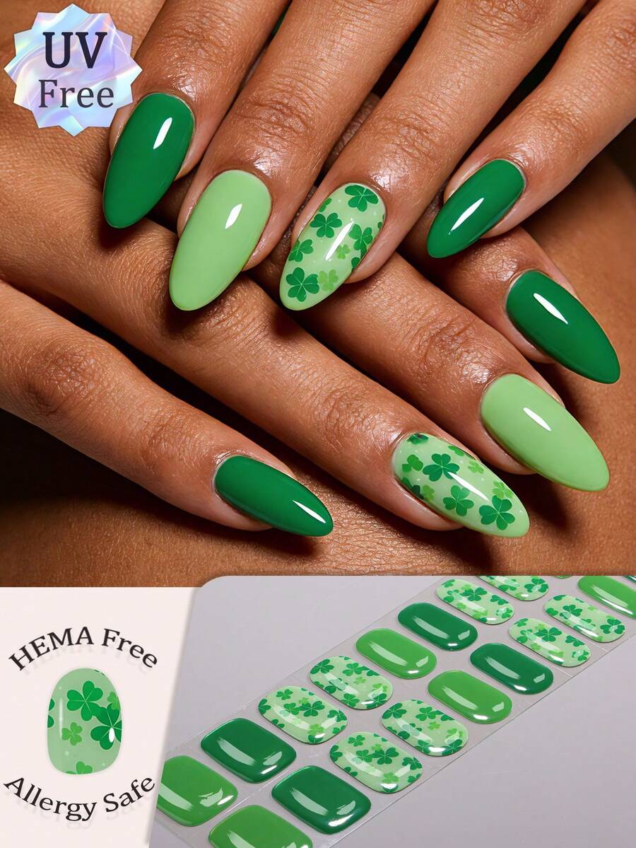 Bộ 22 miếng dán móng tay gel bóng màu xanh lá cây may mắn, chủ đề Thánh Patrick, thiết kế hình ngôi sao bốn lá màu xanh lá cây rực rỡ, bền lâu, không cần đèn UV, phù hợp cho phụ nữ và bé gái sử dụng hàng ngày, đi làm, đi chơi mùa xuân/hè, dự tiệc chủ đề Thánh Patrick, dụng cụ làm móng nghệ thuật DIY.