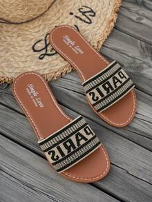 女士新款凉鞋，圆头平底时尚拖鞋，可爱编织心形沙滩鞋，适合外出、旅行、聚会和居家穿着 - 黑色 - 查看 2