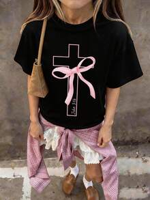 Young Girl's Cartoon Bow Criss-Cross Print Round Neck T-Shirt, Spring/Summer Y2K Style Casual Soft Top For Women - Black - View 7