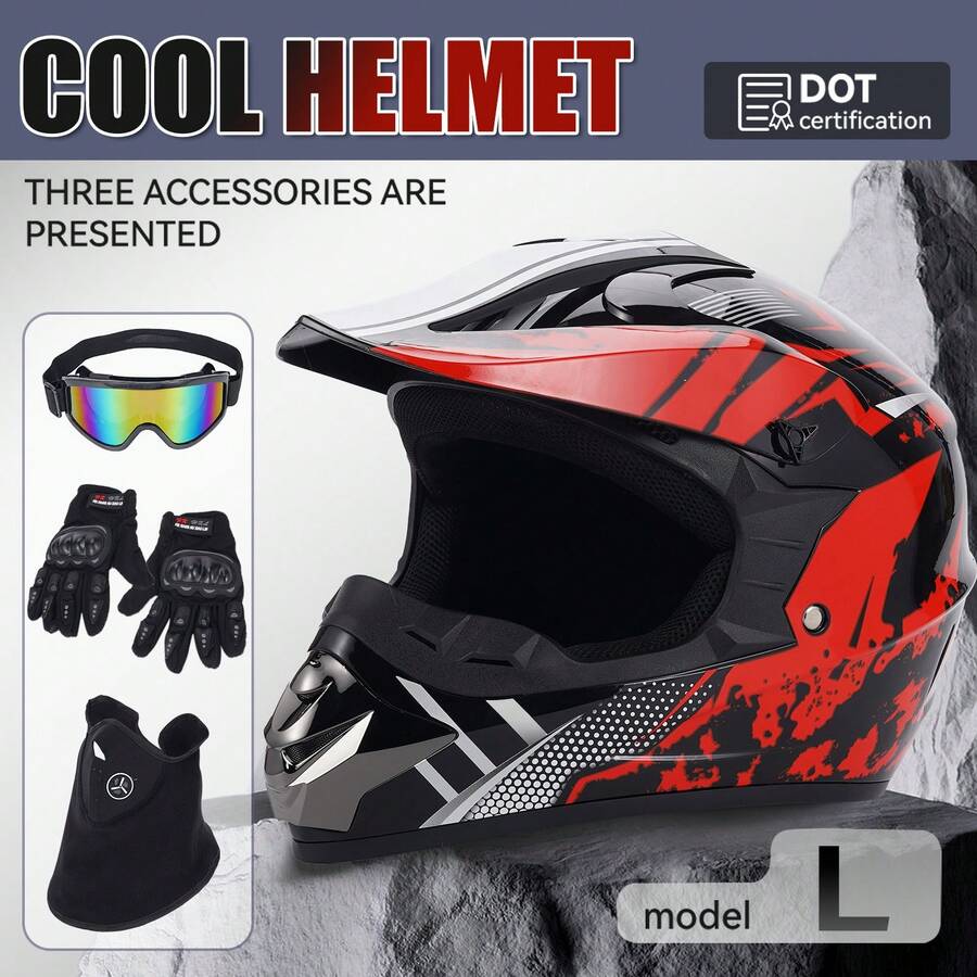 DOT L/XL Adult Off-Road Motorcycle ATV Mud Bike UTV Off-Road Helmet/Goggles/Gloves/Face Mask Red Storm - XL - Xem 1