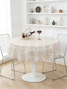 HXARTMIS 1 pieza Mantel redondo de poliéster con bordado de encaje beige. Material: Fibra de poliéster. - Beis - Ver 2