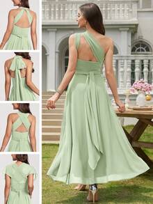 Volly Toych 鼠尾草绿百搭A字优雅不对称V领中长雪纺伴娘礼服，婚礼宾客礼服 - 青瓷 - 查看 2