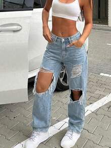 女士复古宽松男友直筒牛仔裤 春季款 - 淺色水洗藍 - 查看 3