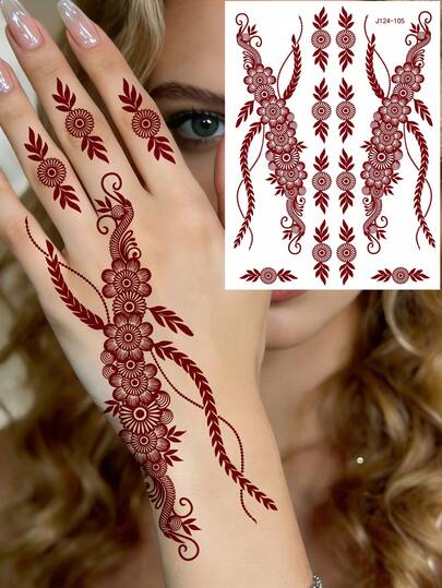 1 Sheet Disposable Henna Tattoo Sticker For Hand, Waterproof Flower Temporary Tattoo For Women, Fake Tattoo Suitable For Wedding Festival Party Body Art, Mehndi Designs