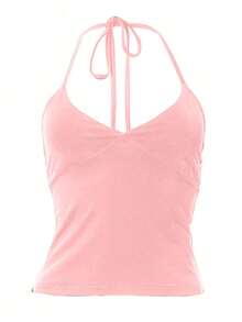 Minimalist Halter Top With V-Neck And Neck Tie - Summer - Pink - View 3