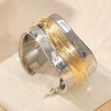 复古双色宽边女士戒指，小众朋克风格，节日配饰珠宝礼物 - 雙色 - 查看 7