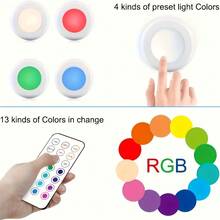 LiHangStar 3/6/9pcs LED Cabinet Lights With Touch Control And Remote, Battery Powered (Batteries Not Included) Night Light, 13 Colors RGB - Suitable For Wardrobe, Bedroom Wall, Under Cabinet, Cabinet Lighting, Stairs, Drawers - Touch Night Light - View 4