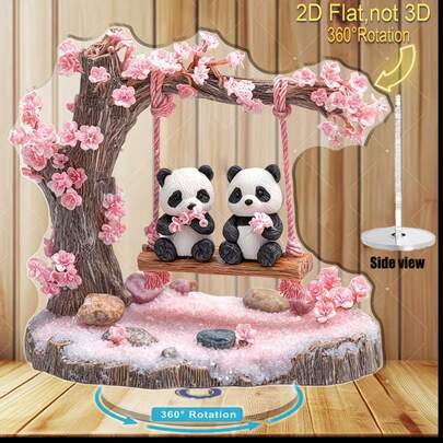 2D Flat - A Rotating Acrylic Statuette With 2D Flat Printing, Depicting A Panda Waving Among Cherry Blossoms, Great For Home Decor Improvement And A Charming Gift For Nature Lovers. Collectible Architecture And Accessories