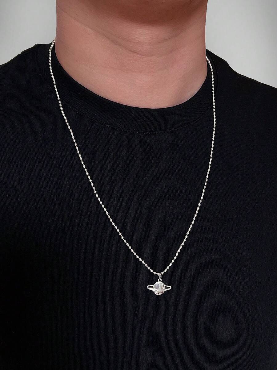 1 pieza Collar con colgante planetario de cadena larga con cuentas de estilo punk rock plateado, accesorio diario y nocturno para hombres - Plateado - Ver 1
