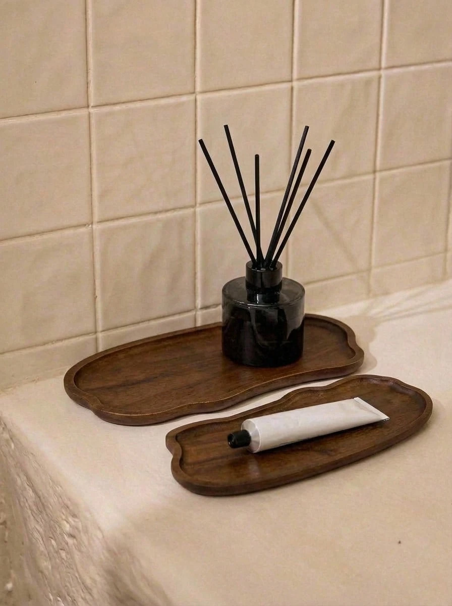 Cirelle 时尚风格装饰木托盘，多功能装饰木托盘，化妆品口红香水收纳托盘，创意木托盘，储物木托盘，储物托盘，浴室配件，适用于客厅、家庭、餐桌、酒店装饰木托盘，天然木托盘，礼品木托盘。 - 棕色 - 查看 1