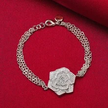 925纯银镀层大玫瑰花链手链，女士魅力婚礼订婚派对最佳礼物 - 銀色 - 查看 2