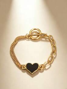 Pulsera de diseño de doble capa con cierre en forma de corazón y negro para mujeres - Oro rosa - Ver 4