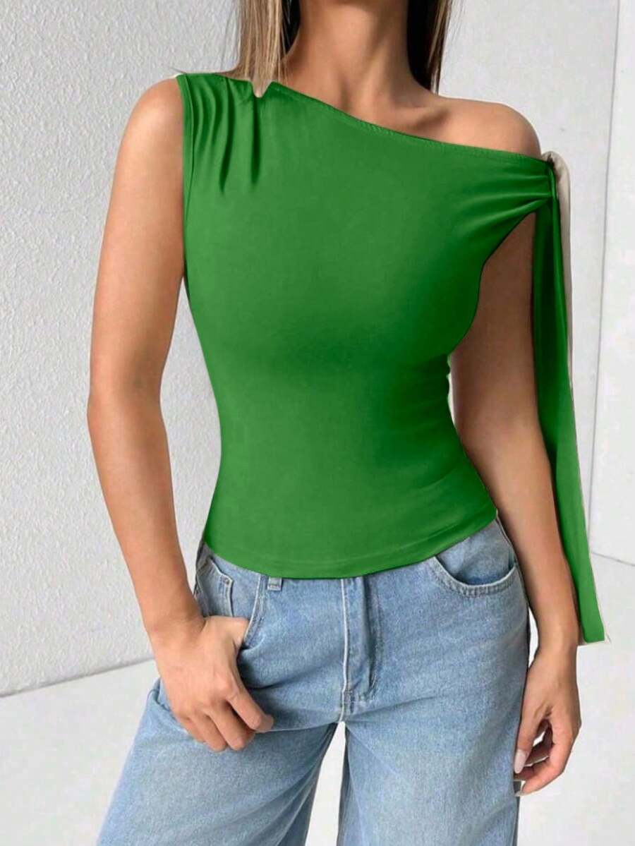 Elegant T-Shirt In Supplex Fabric With Asymmetrical Shoulders And Straps, Ideal For Everyday Wear, Outings, Nightclubs, Parties, And Halloween Costumes. - 綠色 - 查看 1