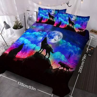 Wolf Bedding Set Moon Wolf Bed Set Duvet Cover Galaxy Wolf Bedding Blue 3pcs Wolf Bedspreads With 2 Pillowcases