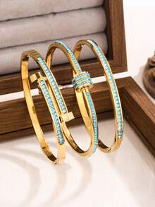 3pcs/1pc New Premium Stainless Steel Colorful Zirconia Women's Bracelet Jewelry Set, Suitable For Daily Wear - Yellow Gold - View 1