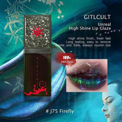 GIRLCULT Son bóng Unreal High Gloss J75 Firefly, Son môi dạng lỏng đổi màu, Son bóng nhũ lấp lánh gốc dầu, Lớp phủ ánh kim loại, Màu sắc lâu trôi, Hiệu ứng hologram, Không chứa Talc, Mỹ phẩm Hàn Quốc