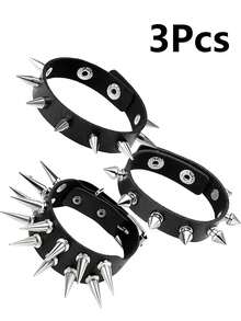 1/3pcs Punk Style Rivet Leather Bracelet Set, Unisex 80s Emo Goth Accessories - Black - View 7