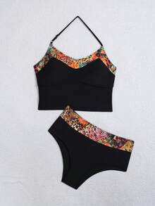 Women's Summer Printed Patchwork Tankini Top & High Waist Swim Bottoms Set, Made Of High-Quality Fabric Vacation - Black - View 6