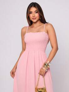 Women's Long Dress With Slit And Elasticated Bust - Affordable And Elegant - Hồng nhạt - Xem 5