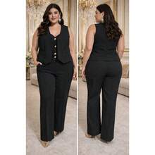 Women's Plus Size Tailored Set - Elegant Vest And Pants With Elastic Waistband - Black - View 2