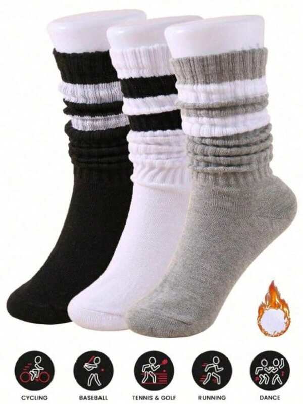 1/3 双女士条纹宽松针织袜，宽松条纹袜，堆堆袜，柔软舒适，保暖透气，时尚黑色、白色、灰色可选，是远足、返校、万圣节和圣诞节的完美礼物，舒适保暖。