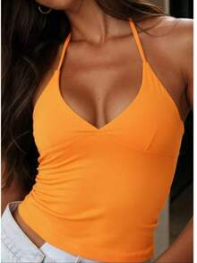 Minimalist Halter Top With V-Neck And Neck Tie - Summer - Naranja - Ver 2