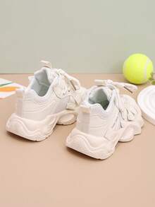 1 Pair Unisex New Breathable Thick-Sole Mesh Sneakers, Shock-Absorbing Non-Slip Children Running Shoes, Fashion Versatile Student Casual Shoes, Lightweight Chunky Sneakers Suitable For All Seasons - Beige - View 6