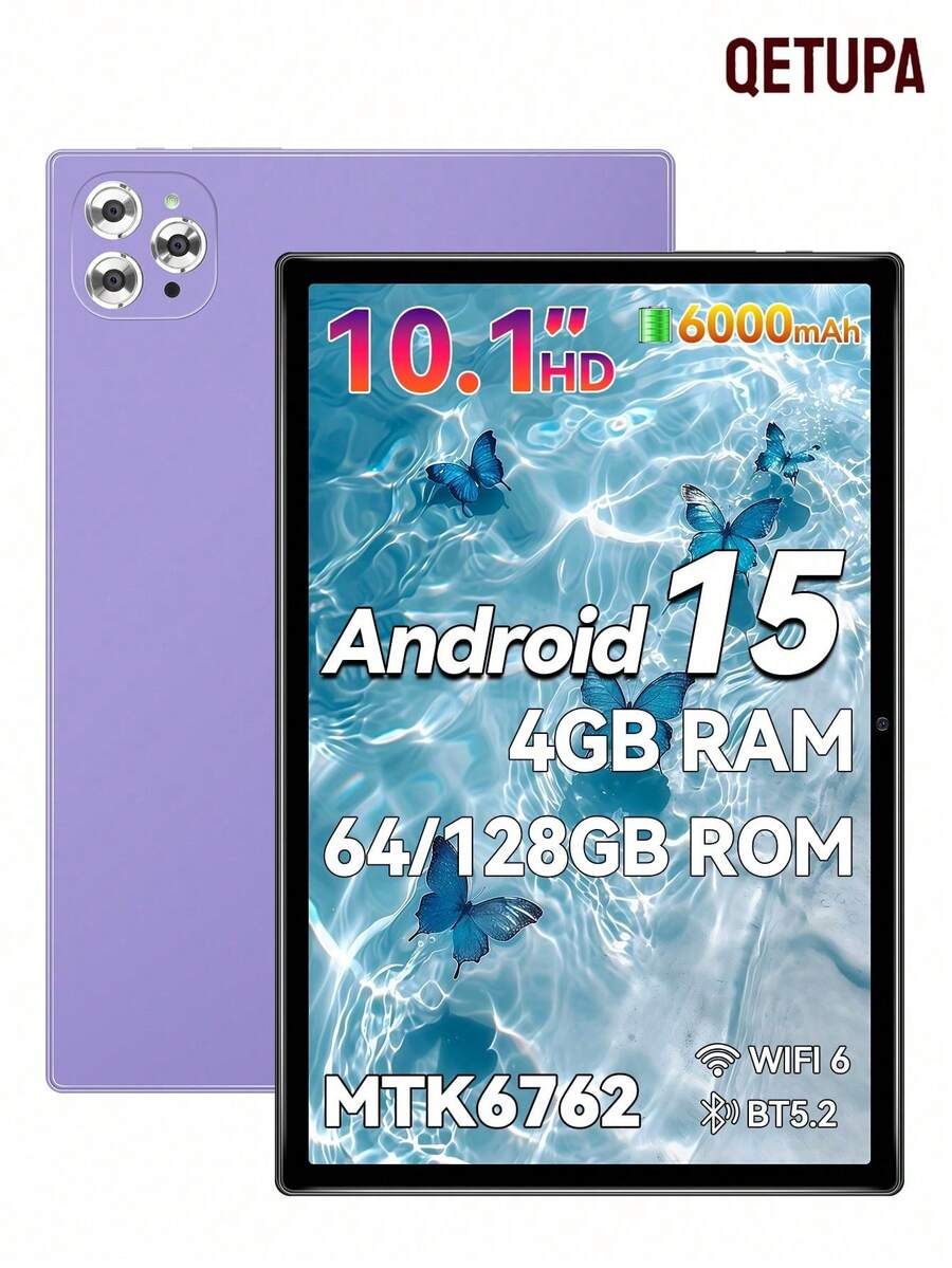 Qetupa 10.1英寸安卓15平板电脑，4GB RAM + 64GB ROM，MTK 6762八核1.8GHz处理器，高清(1280x800) IPS触摸屏，蓝牙5.2和802.11ac WiFi 5，GPS，500万像素前置摄像头和1300万像素后置摄像头，6000mAh大容量电池，不支持SIM卡，适合儿童/成人的圣诞礼物（不含适配器） - 紫色 - 查看 1