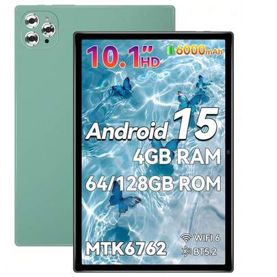 Qetupa 10.1英寸安卓15平板电脑，4GB RAM + 64GB ROM，MTK 6762八核1.8GHz处理器，高清(1280x800) IPS触摸屏，蓝牙5.2和802.11ac WiFi 5，GPS，500万像素前置摄像头和1300万像素后置摄像头，6000mAh大容量电池，不支持SIM卡，适合儿童/成人的圣诞礼物（不含适配器）