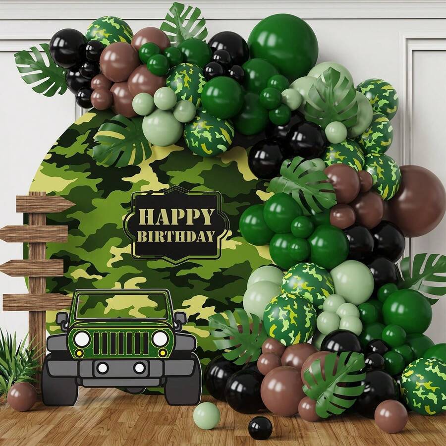 120pcs Jungle Camouflage Themed Balloon Arch Set, Includes Dark Green, Brown, Grey-Green, And Black Camouflage Printed Latex Balloons, Perfect For Birthday Parties, Military Events, And Jungle Camouflage Hunting-Themed Decorations. - View 1