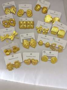 24-Piece Set - (Random Styles) Gold Earrings, Stainless Steel Material, Multi-Element Design, Elegant Style, Hypoallergenic Stainless Steel Earring Set, Perfect Earring Gift For Besties - Multicolor - View 5