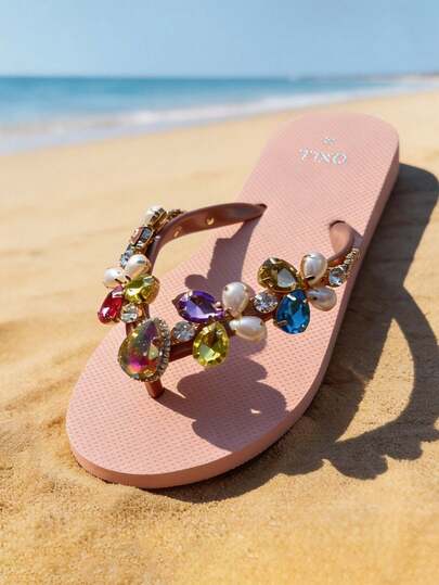 OXLL Original Design Women's Flip Flops, Fashion Luxury Pearl & Rhinestone Decor, Soft Non-Slip Soles, Beach Vacation Goddess Style, Detachable Decorative Chain, Round Toe Flat Sandals