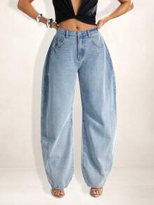 Women's Wide Leg Baggy Balloon Style High Waist Barrel Jeans - 藍色 - 查看 1