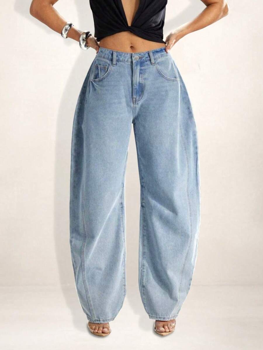 Women's Wide Leg Baggy Balloon Style High Waist Barrel Jeans - 藍色 - 查看 1