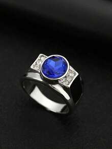 1pc Men's Elegant Luxury Blue Zirconia Stone Ring, Suitable For Wedding, Engagement, Party, Jewelry Gift - Silver - View 13