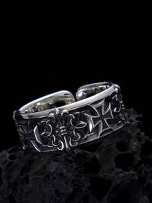 Cross Design Men's Ring, Hiphop Indie Style, Vintage Black Color Elegant Open Band - Antique Silver - View 7