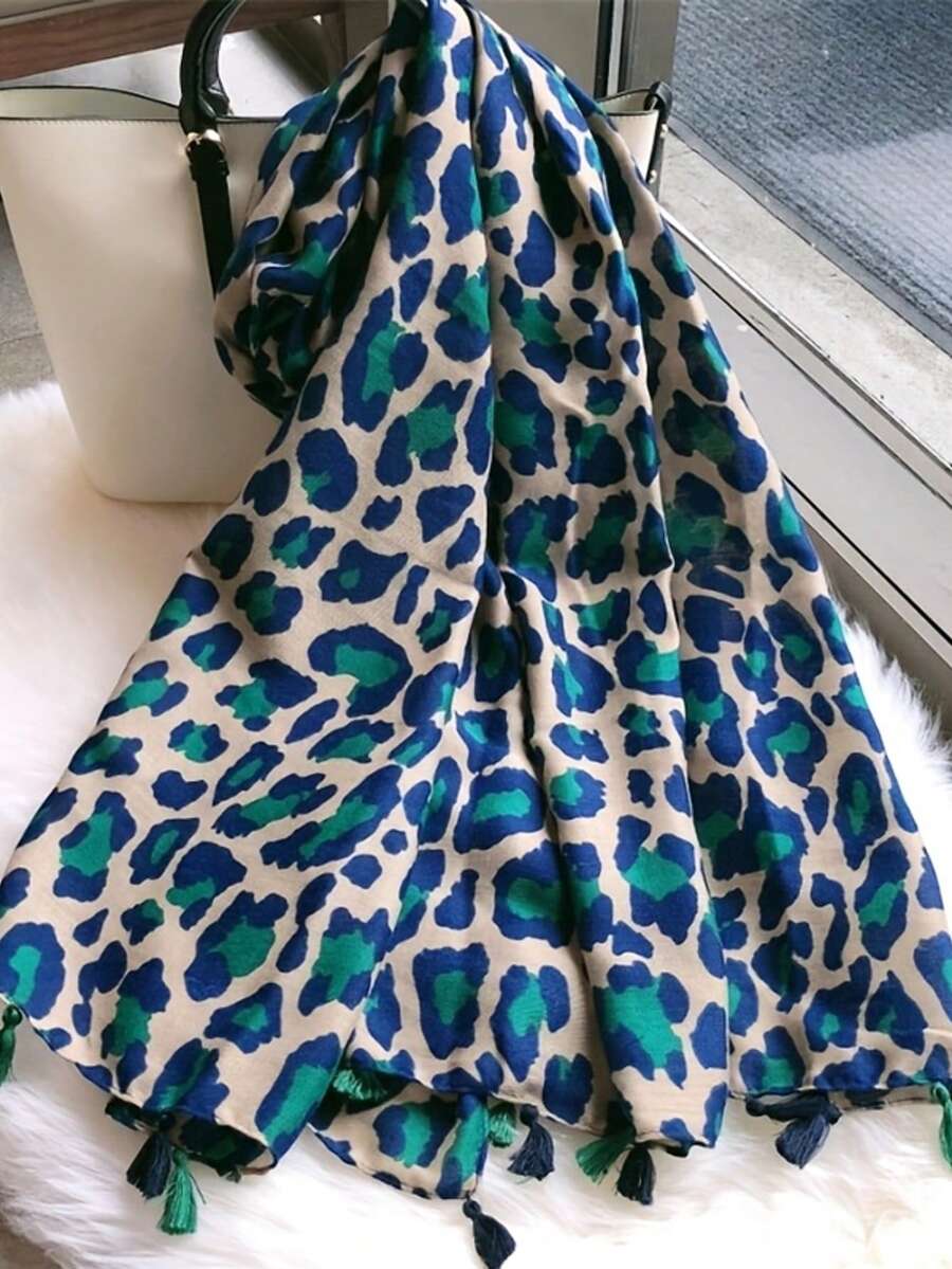 1pc Leopard Print Lightweight Scarf, Fashion Versatile Chiffon Scarf, Long Shawl For Women, Spring/Autumn - Blue - View 1