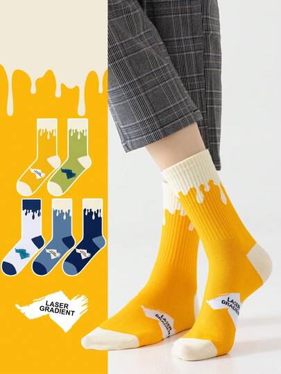 1/5 Pairs Men's Colorblock Cream Graffiti Letter Personalized Artistic Design Combed Crew Socks, Suitable For Travel, Home, Office, Holiday Gifts, Spring/Summer